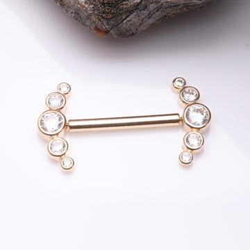 Detail View 1 of A Pair of 14 Karat Gold OneFit Threadless Sparkle Ray Multi-Gem Nipple Barbell-Clear Gem